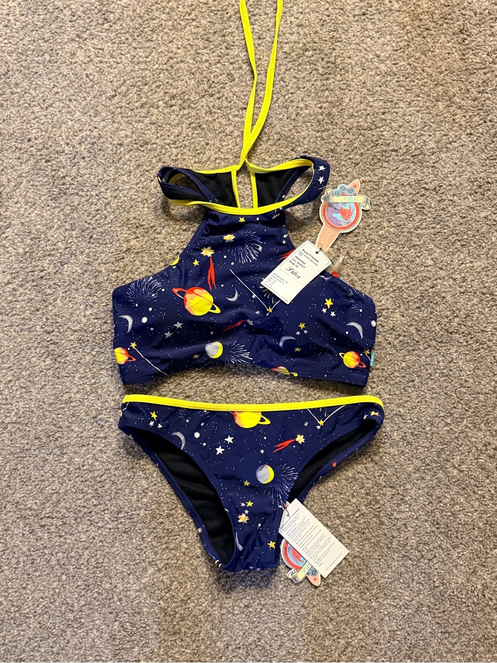 Space Print Two-Piece Swimsuit - Navy/Yellow